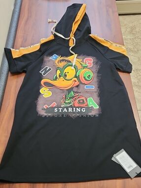 Black Hooded Graphic T-shirt Dress  Tan-Yellow-Orange Stripes & Colorful Accents